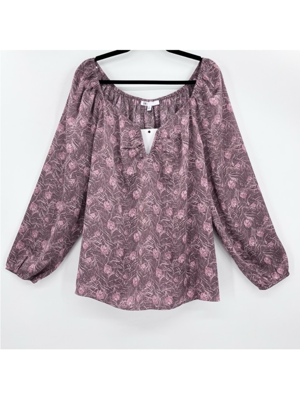NWT DR2 Satin Peacock Feather Print V-Neck Long Sleeve Blouse Top Plus XXL